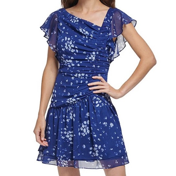 Dkny Dresses & Skirts - DKNY Scattered Print Asymmetrical Neck Flutter Shortsleeve Ruched Bodice Dress 6